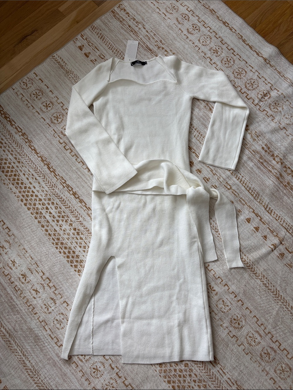 Long-Sleeve Ivory Belted Dress